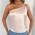 thumbnail image 3 of Summer Plus Size Women's Camisole Tank Top Sleeveless Blouse Round Neck Casual Tank Solid Elegant Pleated One Shoulder T-Shirt Tops Beige S, 3 of 7