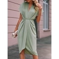 thumbnail image 4 of Women'S V Neck Elegant Dress Irregular Sleeve Solid Color Bodycon Midi Cocktail Gown Light Green XL, 4 of 9