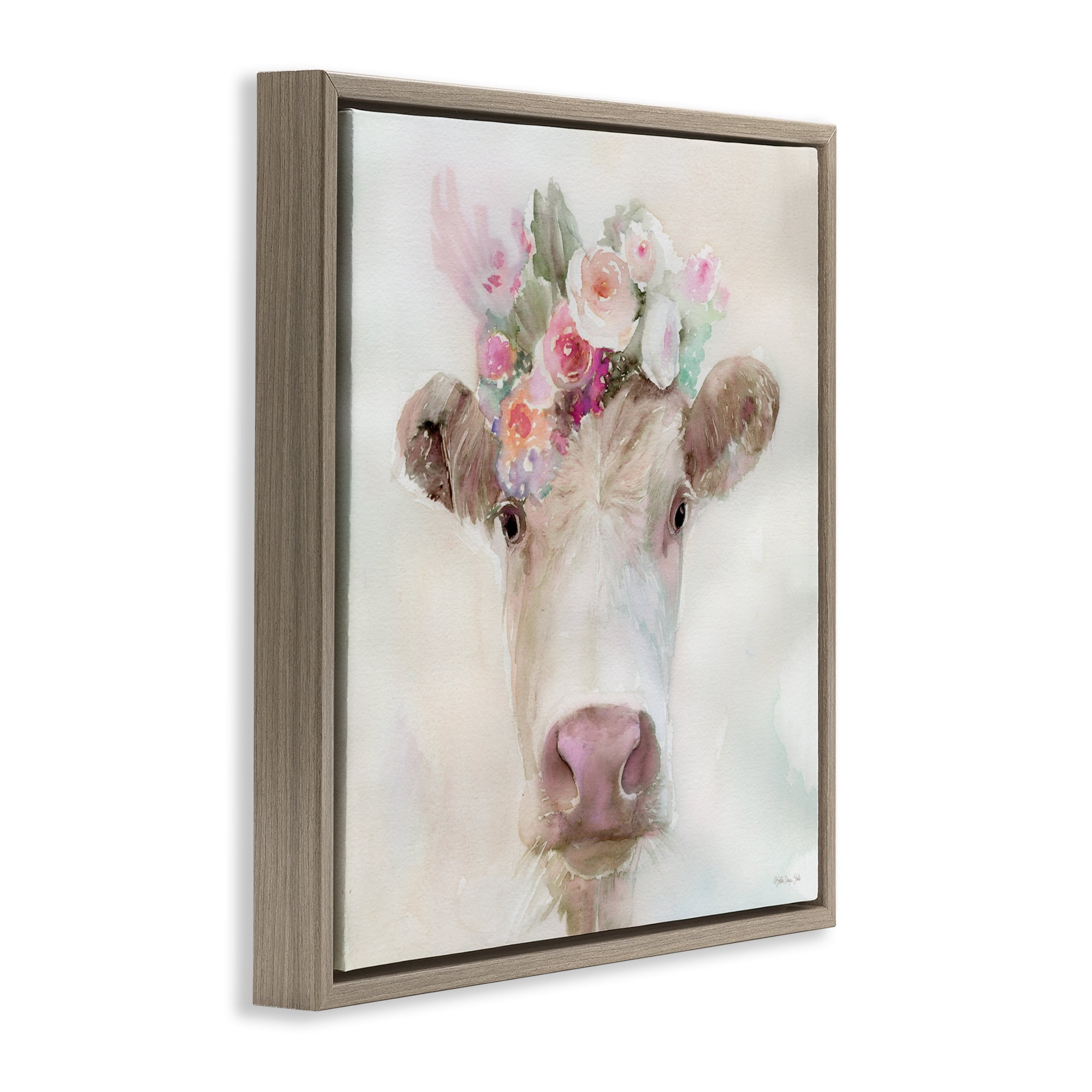 Stupell Industries Betsy Cow with Flowers Brown Framed Floater Canvas Wall Art, design by Stellar Design Studio