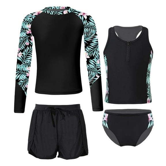 YONGHS Child Girls Rashguard Swimsuit Floral Swimshirts with Bottoms Tankini Set Beachwear Swimsuit Black Lily 14