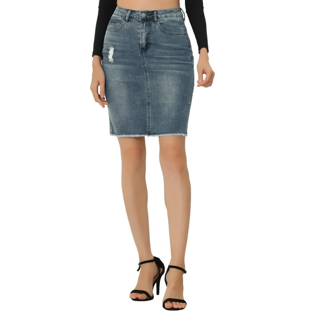 Unique Bargains Women's Basic Distressed High Waist Ripped Hem Washed Jeans Denim Skirt Blue Grey XS
