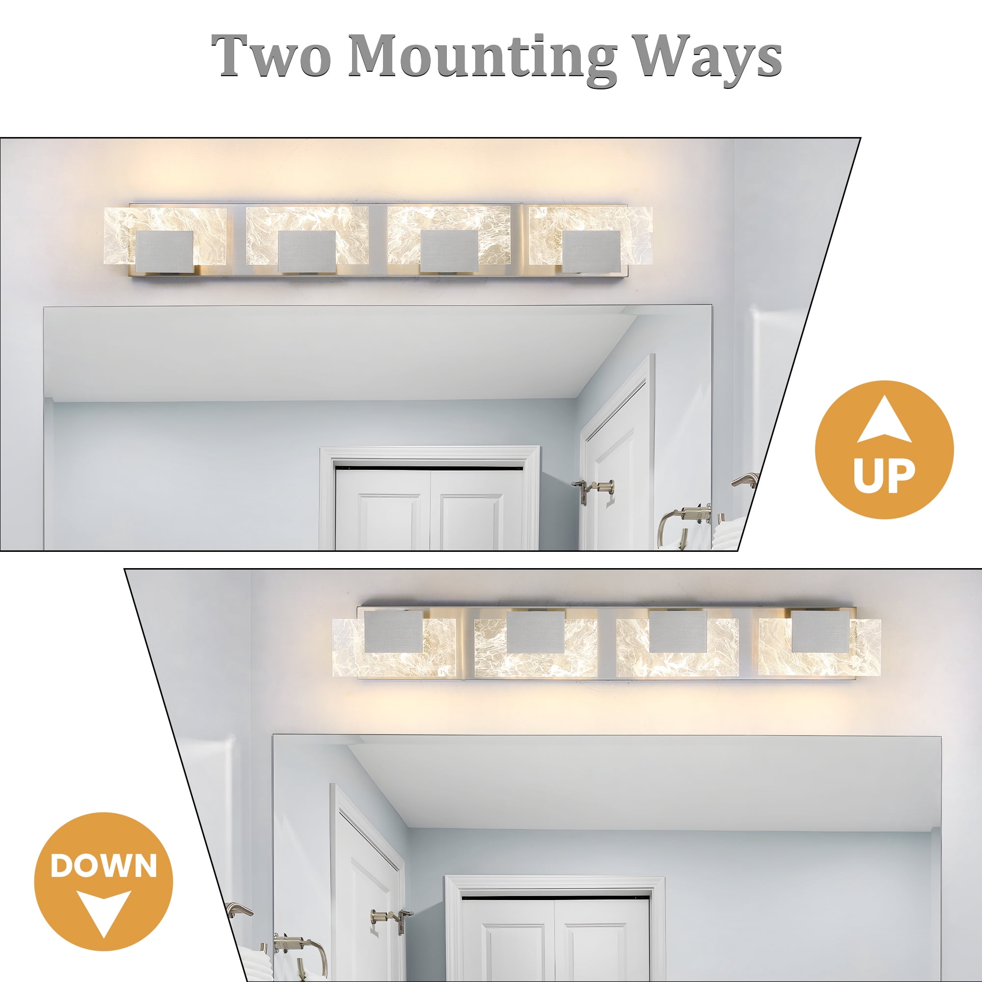 KAISITE 4-Light LED Modern Bathroom Lights over Mirror, Brushed Nickel Acrylic, Smoke Design, 3000K Wall Lights Fixture for Bedroom Living Room