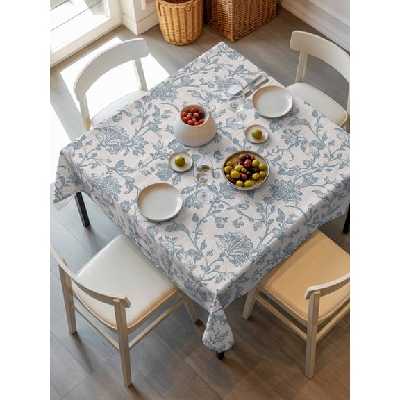 Farmhouse Flower Tablecloth Square Table Cloth 54x54,Waterproof Outdoor Table Cloth Covers Decorative Table Protector ,Botanical Vintage Light Blue Leaf Washable Table Cover for Kitchen Dinning Party