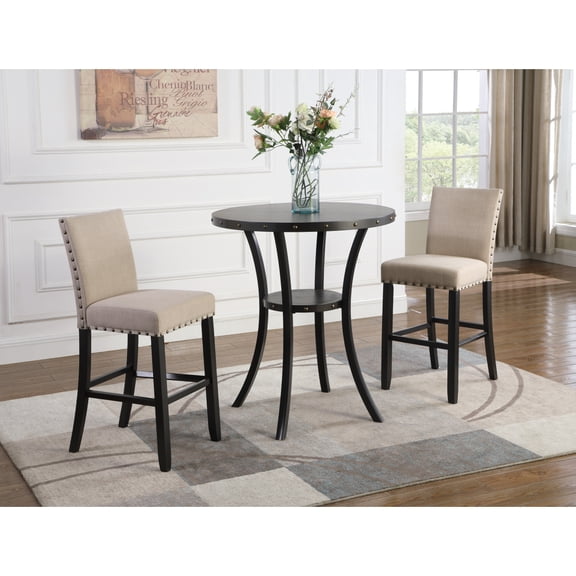 Miekor Furniture Biony 3-Piece 36" Round Espresso Finish Bar Table with 2 Tan Fabric Nail Head Pub Chairs B5A0199