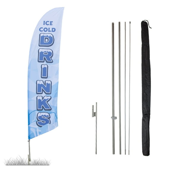 Vispronet – Ice Cold Drinks Feather Flag Kits - 13.5ft Swooper Flagpole Set with a Ground Stake – Great for Businesses, Storefronts, and Sales - Printed in The USA