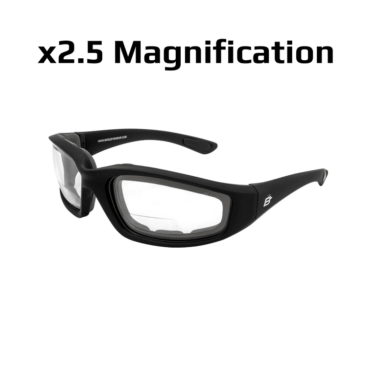 Birdz Eyewear Oriole Padded Safety Bifocal Motorcycle Glasses Black Frame  Clear Lenses 2.5 Magnification Carry Bag 