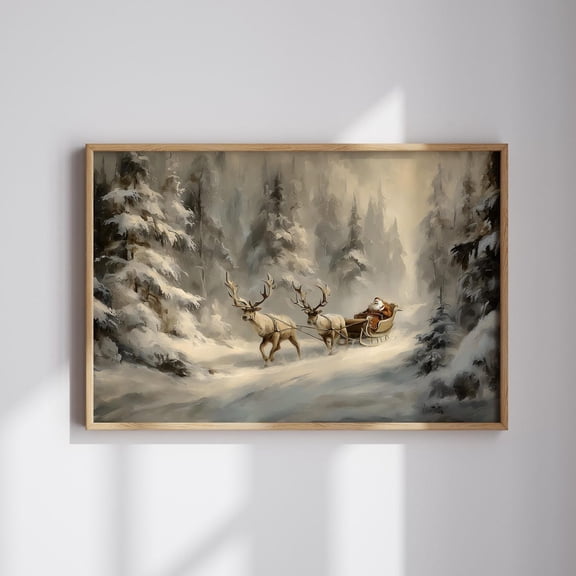 Santa Sleigh Ride Wall Art Print, Vintage Christmas Reindeer, Seasonal Living Room And Home Decor