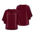 thumbnail image 4 of hoksml Women Raglan Gathered Notch V Neck Dolman Half Sleeve Blouse Cotton Linen Crinkle Loose Curved Hem Casual Top for Daily Vacation, 4 of 7