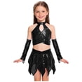 thumbnail image 4 of SiiRoh Girls 3Pcs Hip Hop Street Dance Outfits Cross Keyhole Sequins Metallic Crop Top+Skirt+Gloves Disco Dancewear Black 12, 4 of 6