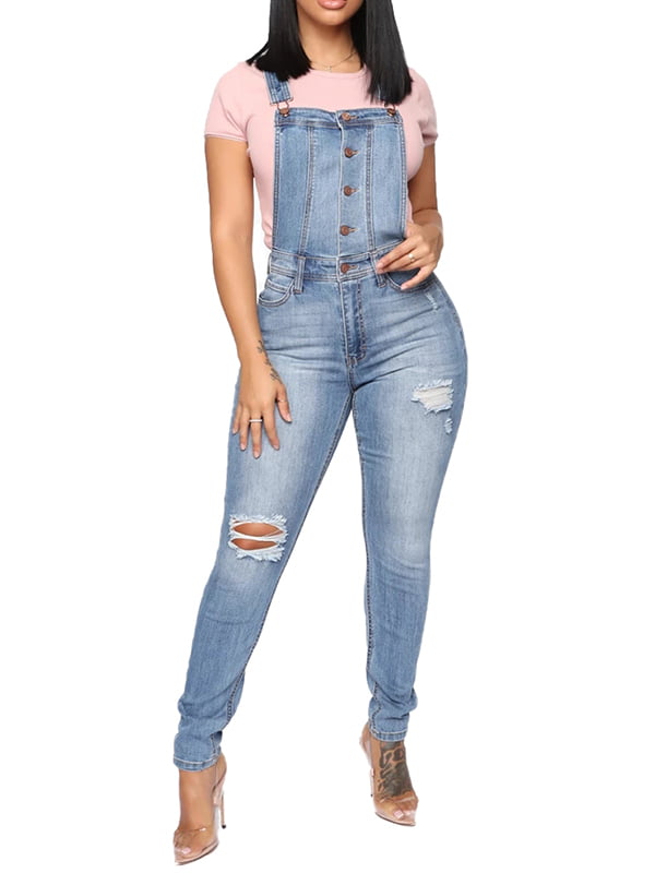 Cromoncent Womens Casual Washed Distressed Destroyed Hole Denim Jeans Bib Overall