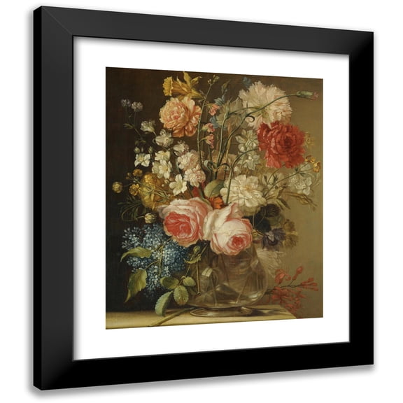 Ludovico Stern 12x14 Black Modern Framed Museum Art Print Titled - A Still Life with Roses, a Daffodil and Other Flowers in a Glass Vase on a Stone Ledge