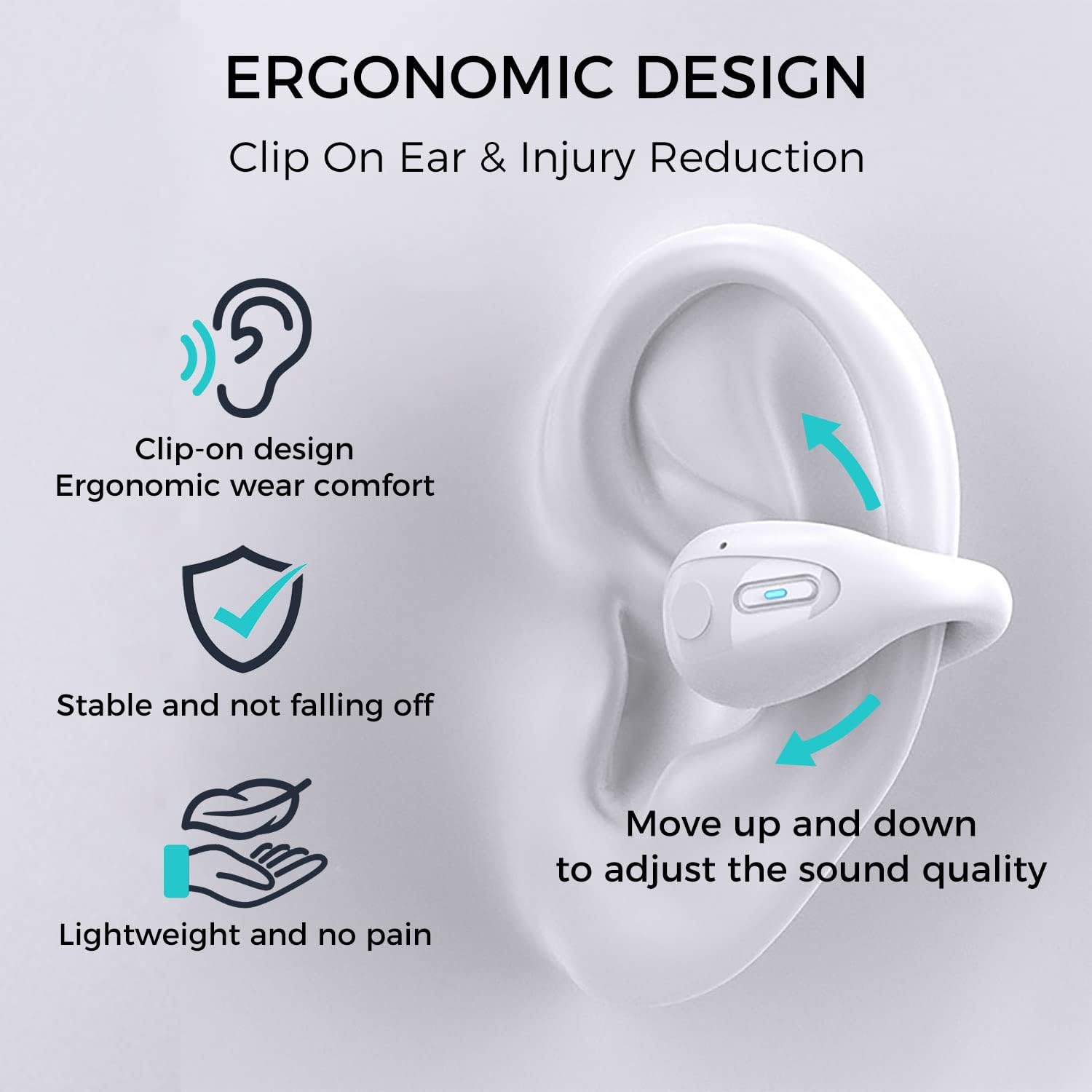Open Ear Clip Headphones,Wireless Earbuds Bluetooth Sports Bone Conduction Earphones Built-in Mic with Ear Hooks,36H Playtime Charging Case LED Display,Waterproof Fitness Ear Buds for Running,White