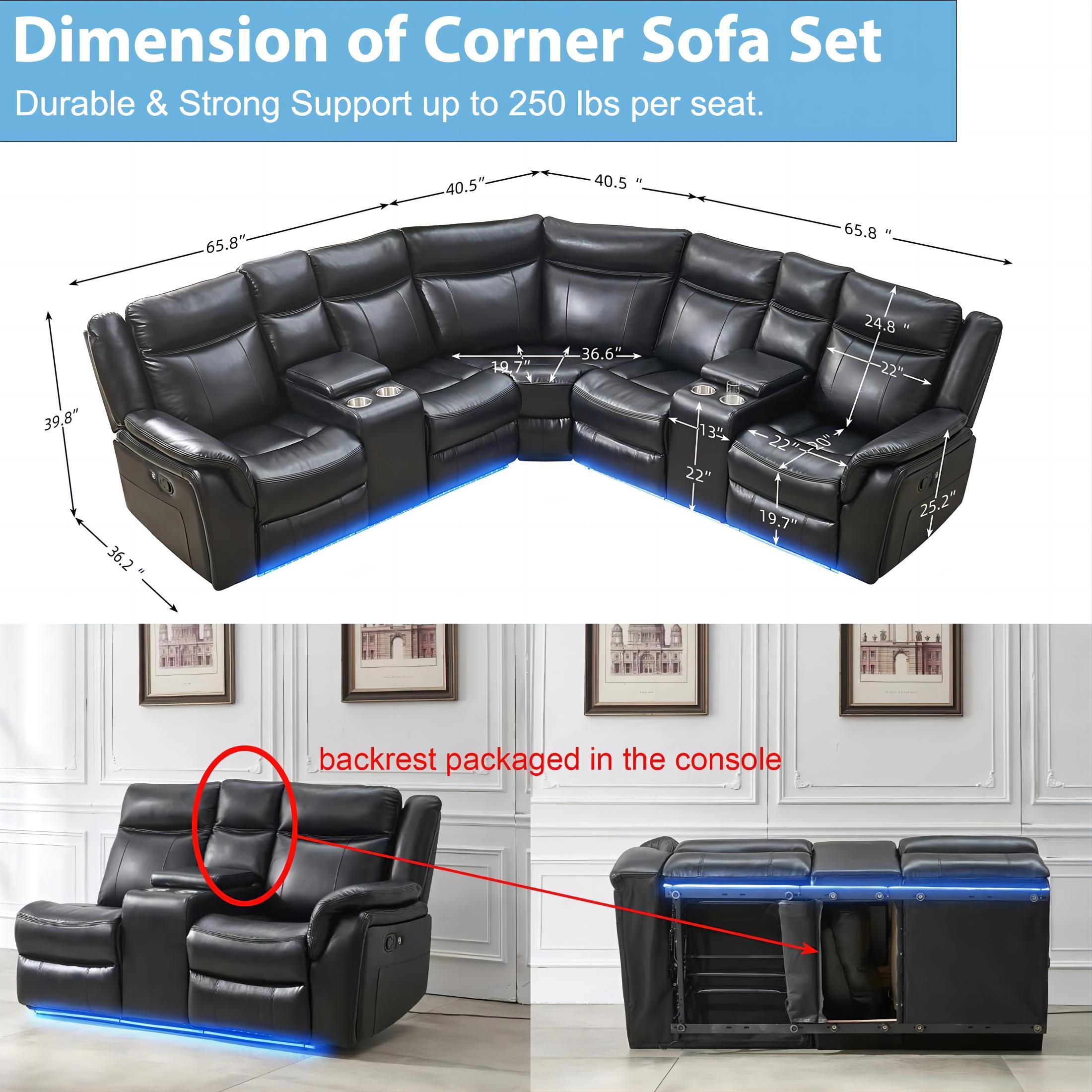 Comfort Stretch Manual Recliner Sofa Sets with LED Lights,Faux Leather Reclining Sectional Couch for Living Room Furniture Sets with USB Port,Storage Console Cup Holders Black