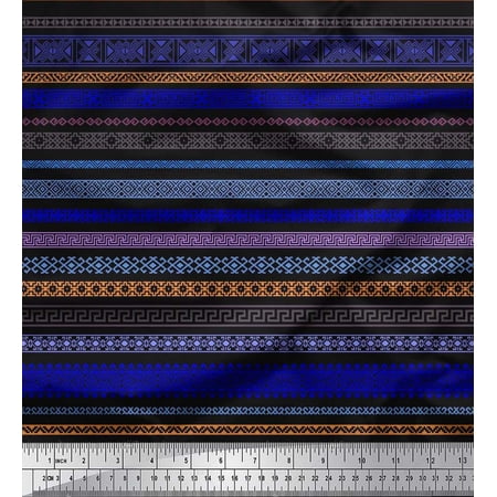 Soimoi Polyester Crepe Fabric Stripe & Greek Key Geometric Printed Craft Fabric by The Yard 42 Inch Wide