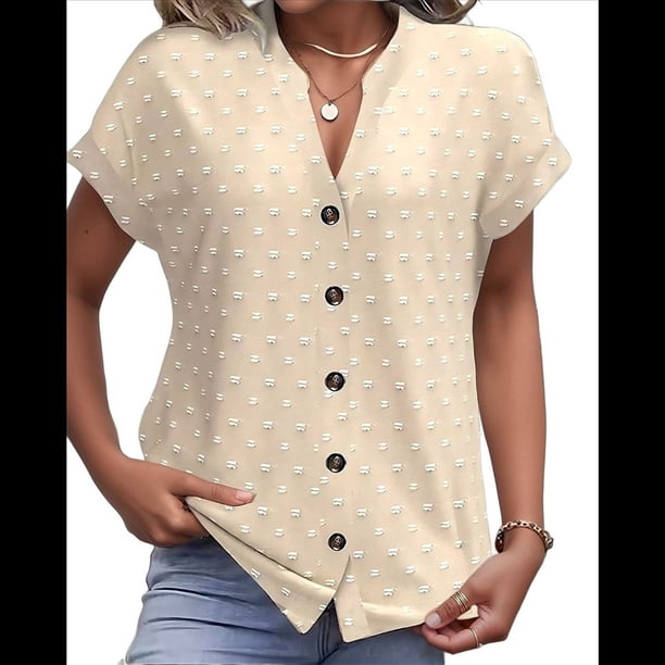 Blusa de Verano 2025 para Mujer, con Cuello en V, Volantes, Corta, Lunares, Holgada, Tipo Túnica Albaricoque S