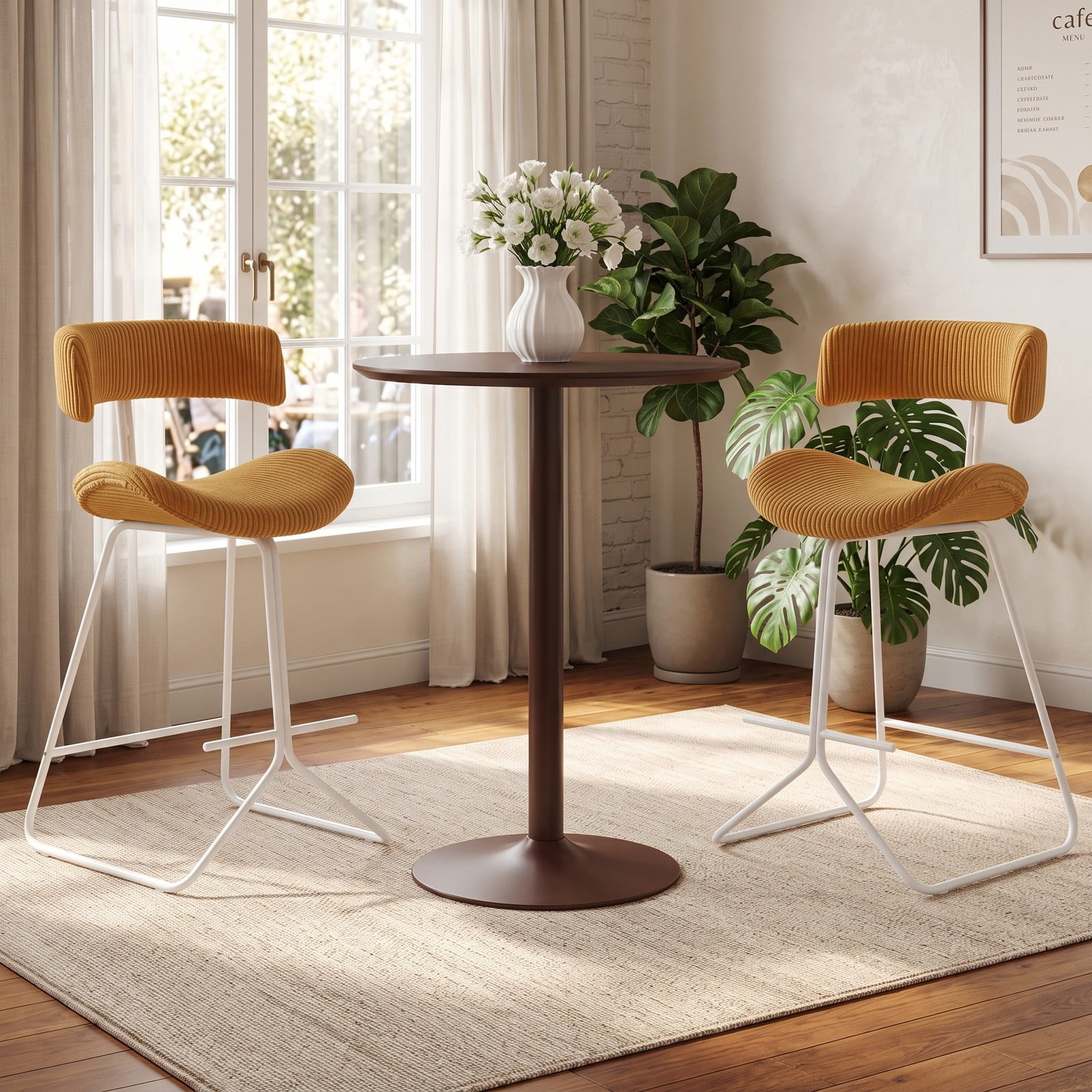 Furnibear Set of 2 Counter Height Bar Stools 25 Inch Armless Barstools with Padded Corduroy Seat and Footrest for Kitchen Island Dining, Orange