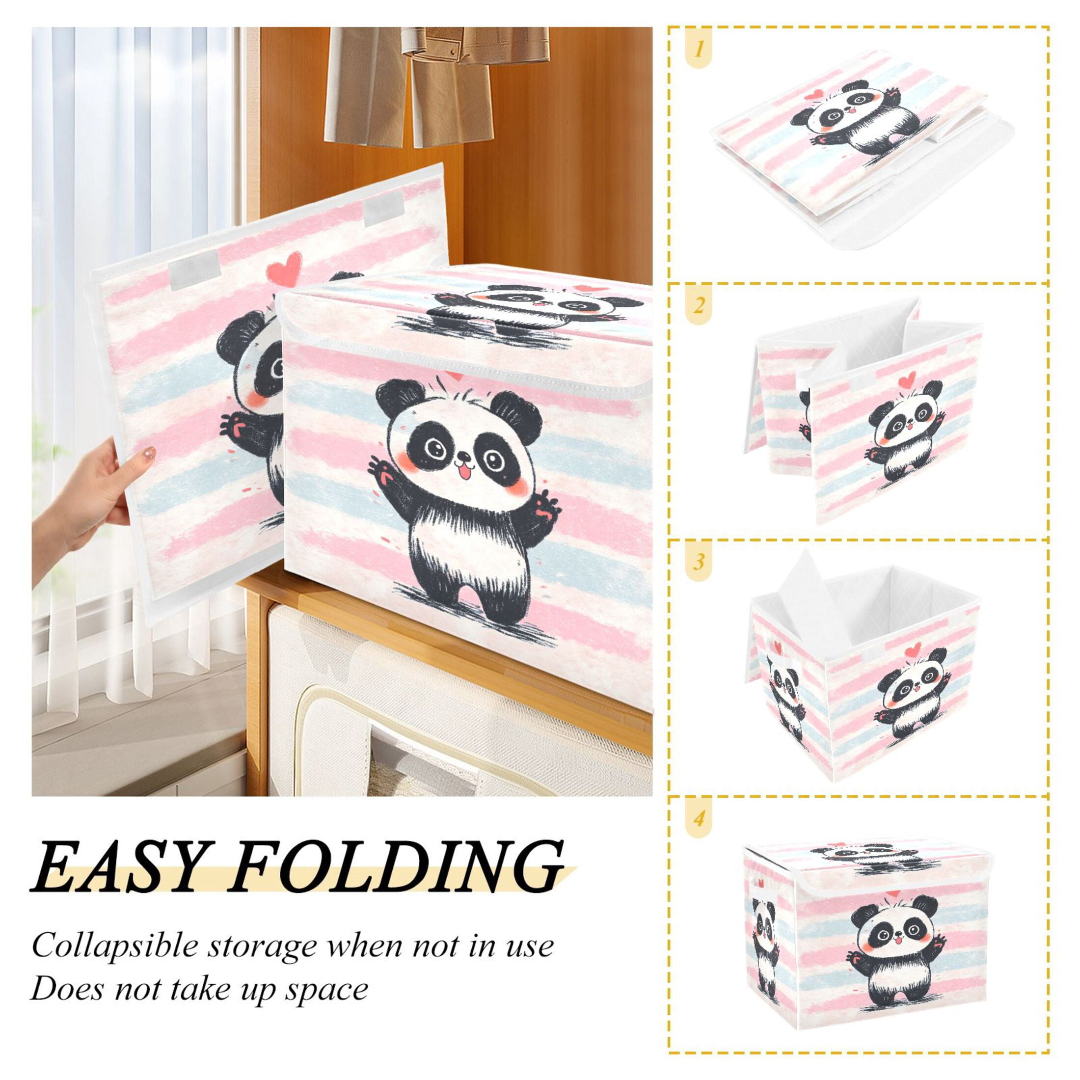 Large Collapsible Fabric Storage Box with Flip Lid & Handles, Decorative Organizer Basket for Home16.5×12.6×11.8in Crayon Panda Illustration