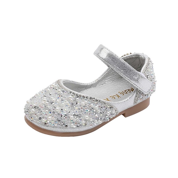 Xfvqtps Sparkle Princess Mary Jane Ballet for Girls Hook and Loop Strap Close Toe Pearl Rhinestone Spring Summer Dressy Casual Shoes