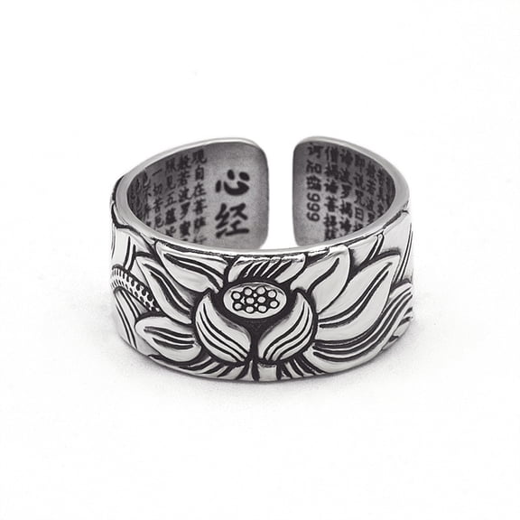 Vintage 999 Sterling Silver Lotus Ring, Adjustable Feng Shui Tibetan Buddhist Heart Sutra Ring for Women Men, Wealth Lucky Money Health Amulet Jewelry for Prayer Safe Wealth