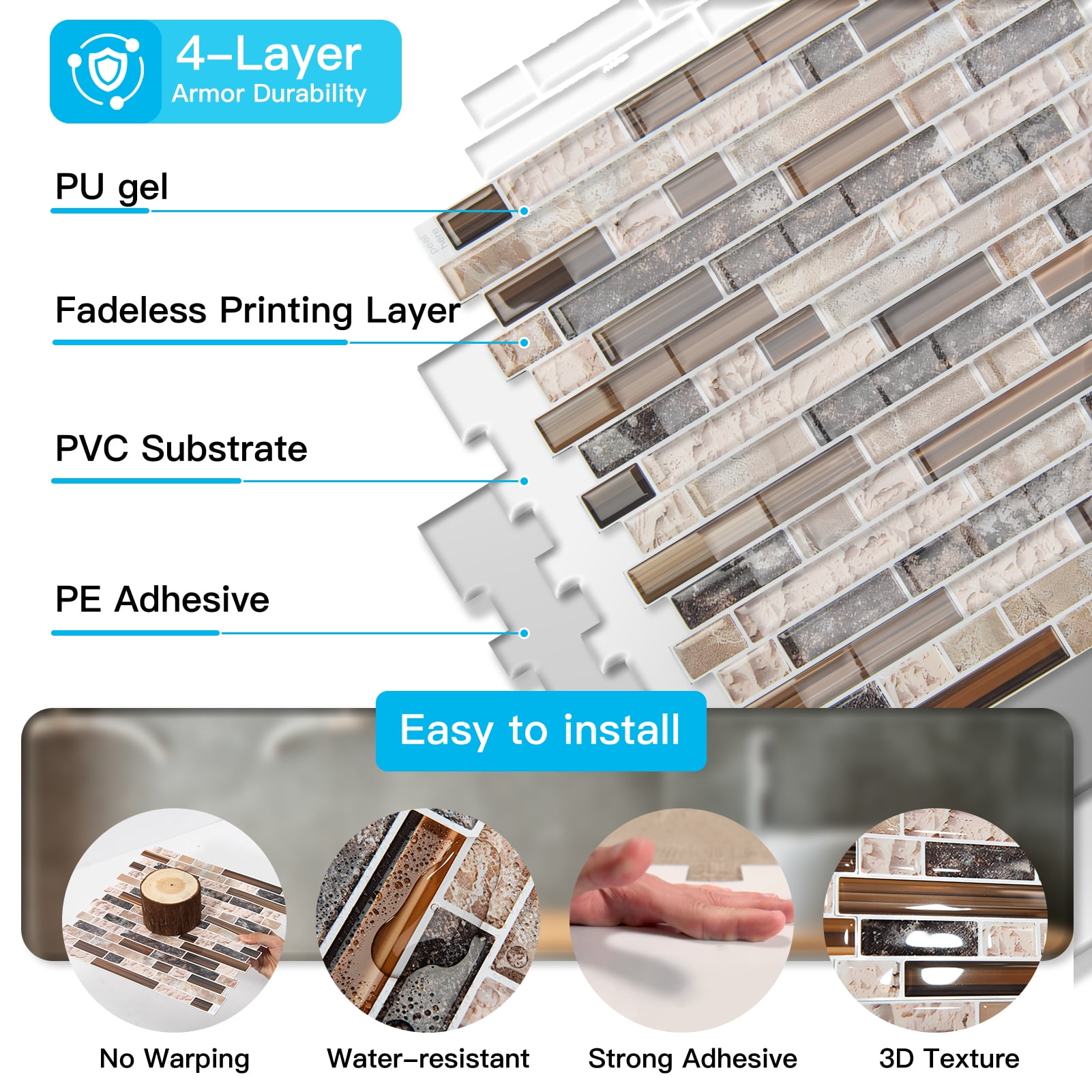 10Pcs Peel and Stick Backsplash Thicker Design,12''x12'' Self-Adhesive Wall Tiles for Kitchen,Bathroom in Sandstone