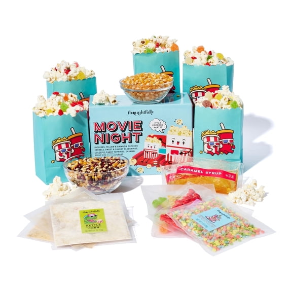 Thoughtfully Gourmet Family Movie Night Popcorn Kit, Yellow and Mixed Popcorn Kernels, Popcorn Seasonings and Candy Toppings