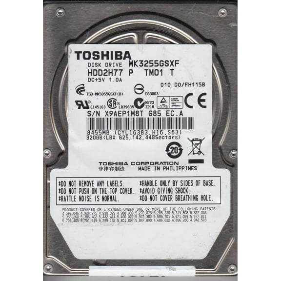MK3255GSXF, D0/FH115B, HDD2H77 P TM01 T, Toshiba 320GB SATA 2.5 Hard Drive