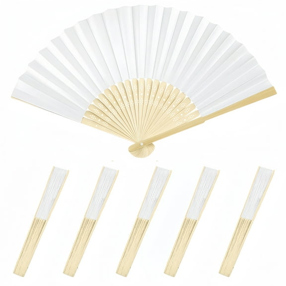 6 Packs Folding Hand Fans Package,8.3 Inch White Paper Beach Fan Set for DIY