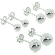 3 Pair Set of Sterling Silver Round Ball Stud Earrings, Includes 5mm-7mm