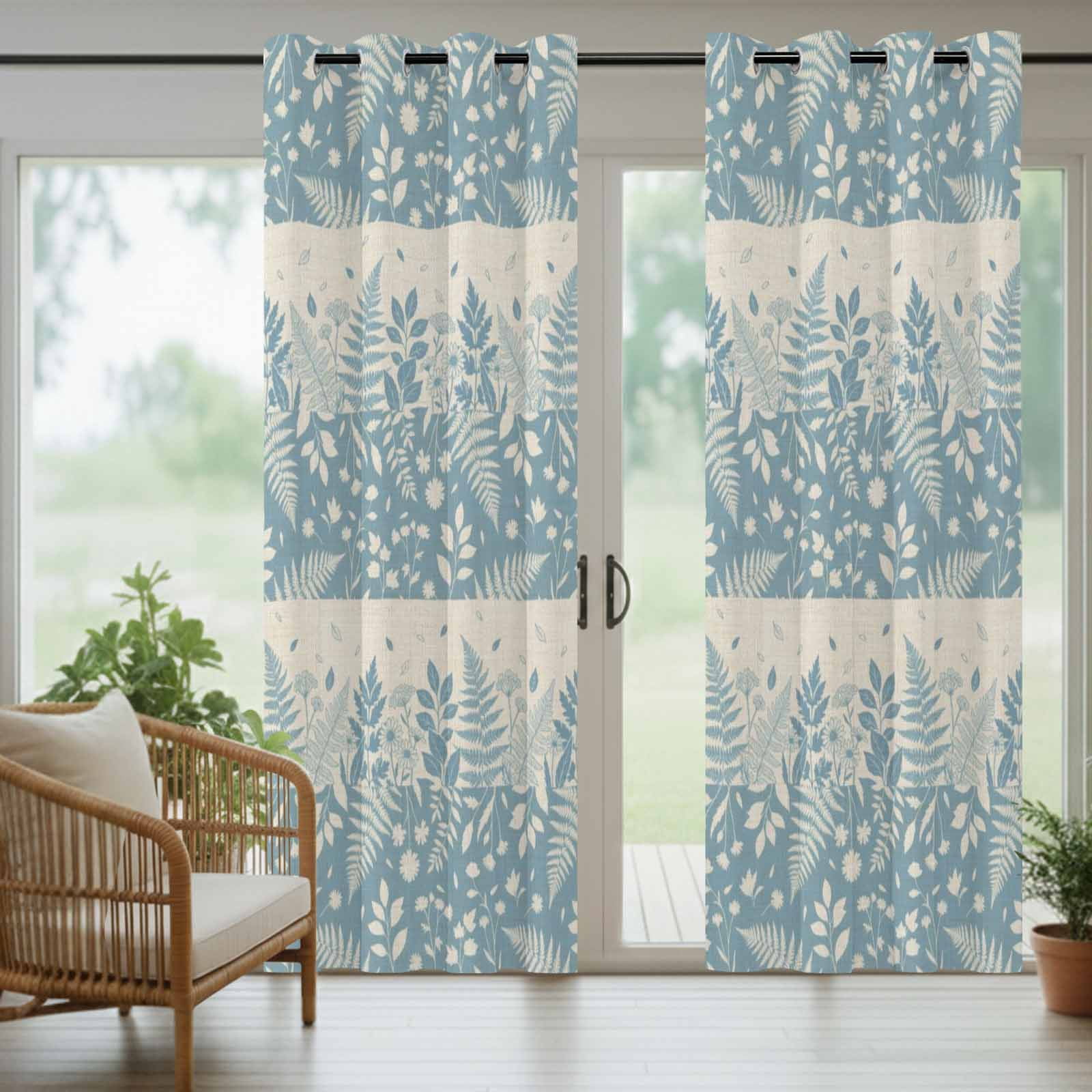 Spring Ferns Outdoor Curtains for Patio, Country Blue Floral Leaf Linen Texture Sunshade Privacy Drapes Grommet Waterproof Outside Curtains for Porch/Cabana/Balcony 54"x 84", 2 Panel