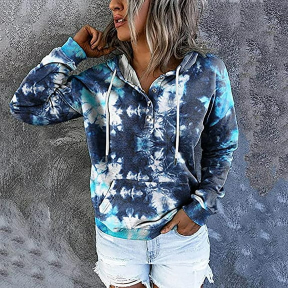 Floleo Clearance Womens Tops Long Sleeve Shirts Fall Clearance Women Cowl Neck Pullover Hoodies Long Sleeve Print Sweatshirts Sweaters Drawstring Tops Blue