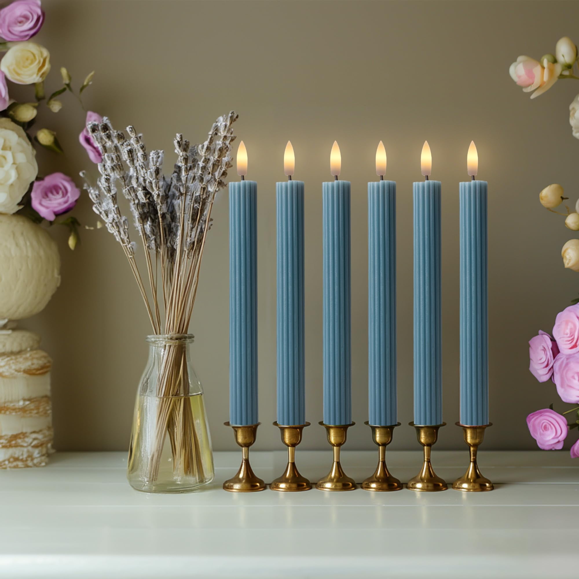 WYZworks 10" Fluted Ribbed LED Blue Grooved Pillar Candles, Remote & 24h Timer Memory, On/Off Switch - Flameless Dimmable Battery Operated w/Flicker Mode, Home Wedding Decor (6 Pack)