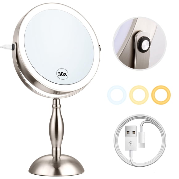 Espejo de maquillaje DASLAVA 30X con luz, 3 colores, giro de 360°