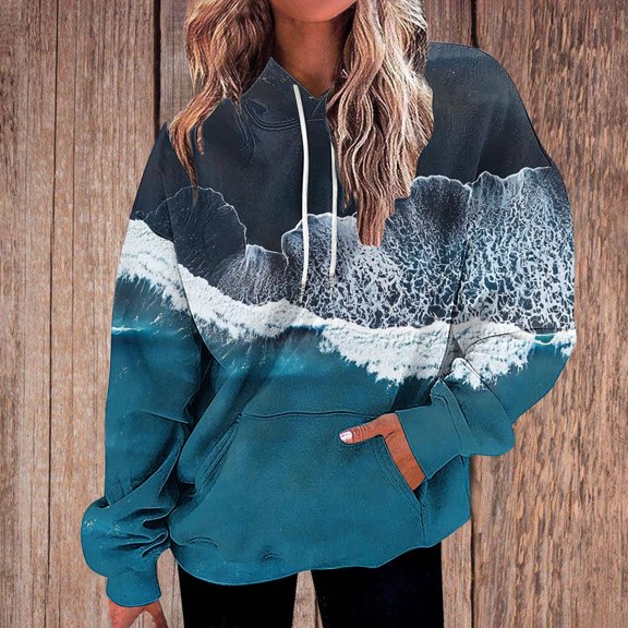GuzomFashion Womens Navy Ocean Wave Print Hoodie - 95% Polyester 5% Spandex, Oversized Relaxed Fit with Drawstring Hood & Kangaroo Pocket, Soft Stretchy S-XXL,Size XL