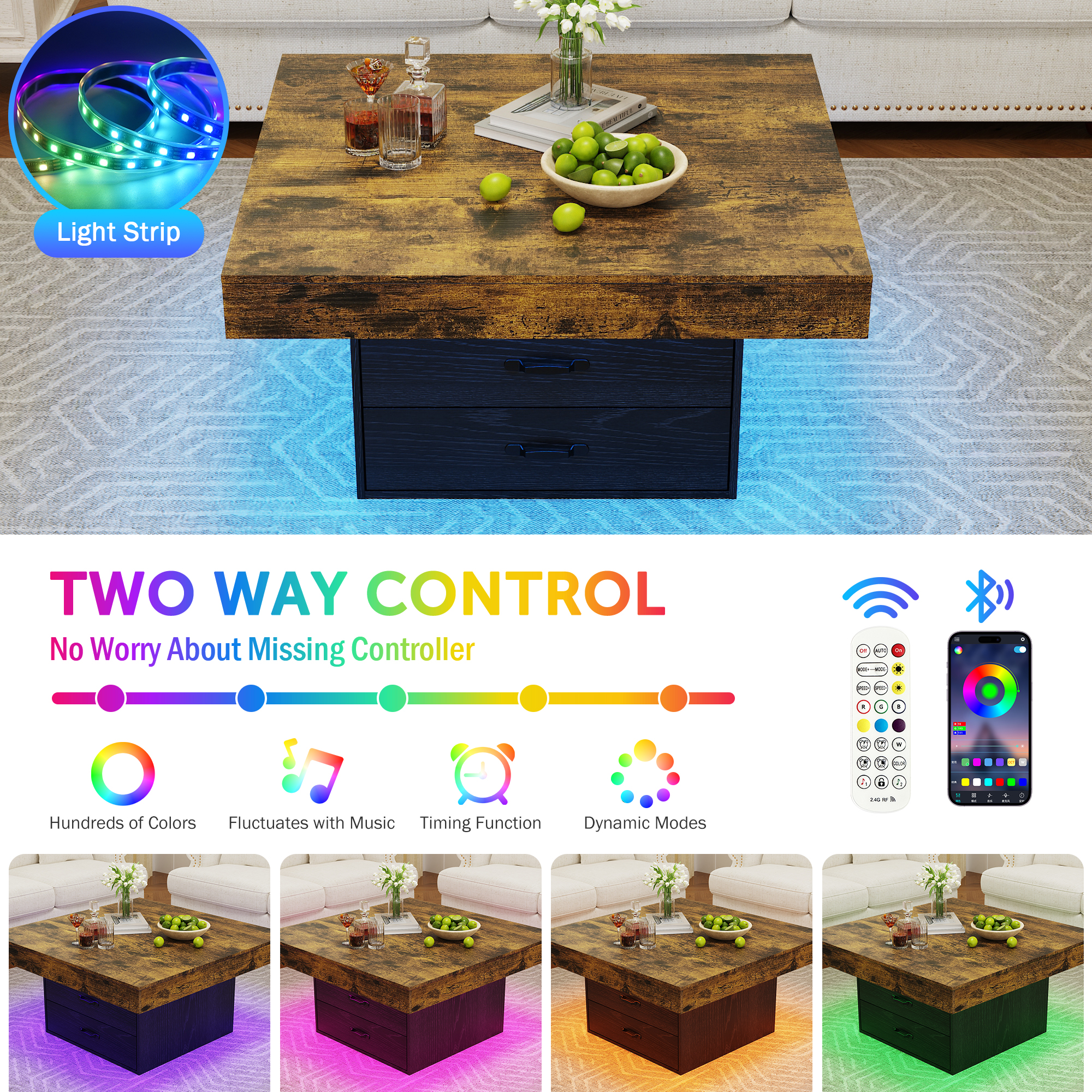 Miniyam 35.4 in. Square Coffee Table with Storage Drawers and LED Lights, Farmhouse Wood Coffee Table for Living Room or Office, Black