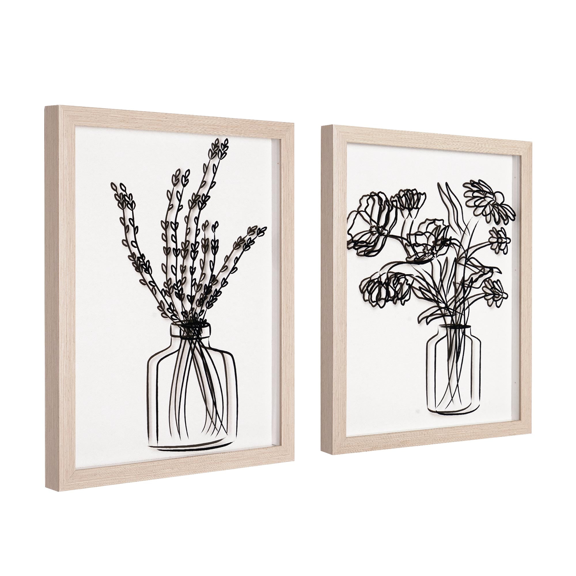 Florals in Vase set of 2 Black Print on Clear Framed Wall Decor 11" x 14"