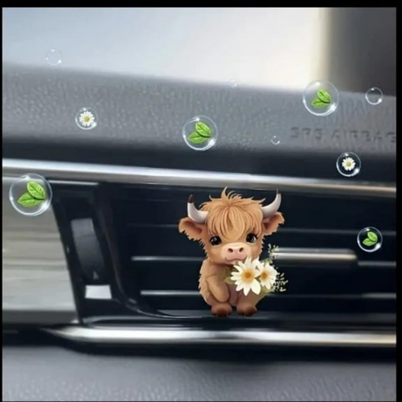 1 Piece Highland Cow Car Accessories Car Air Freshener Cute Acrylic Vent Clip with Floral Design Interior Decor Charm Decoration Cute Accessories for Women Girls