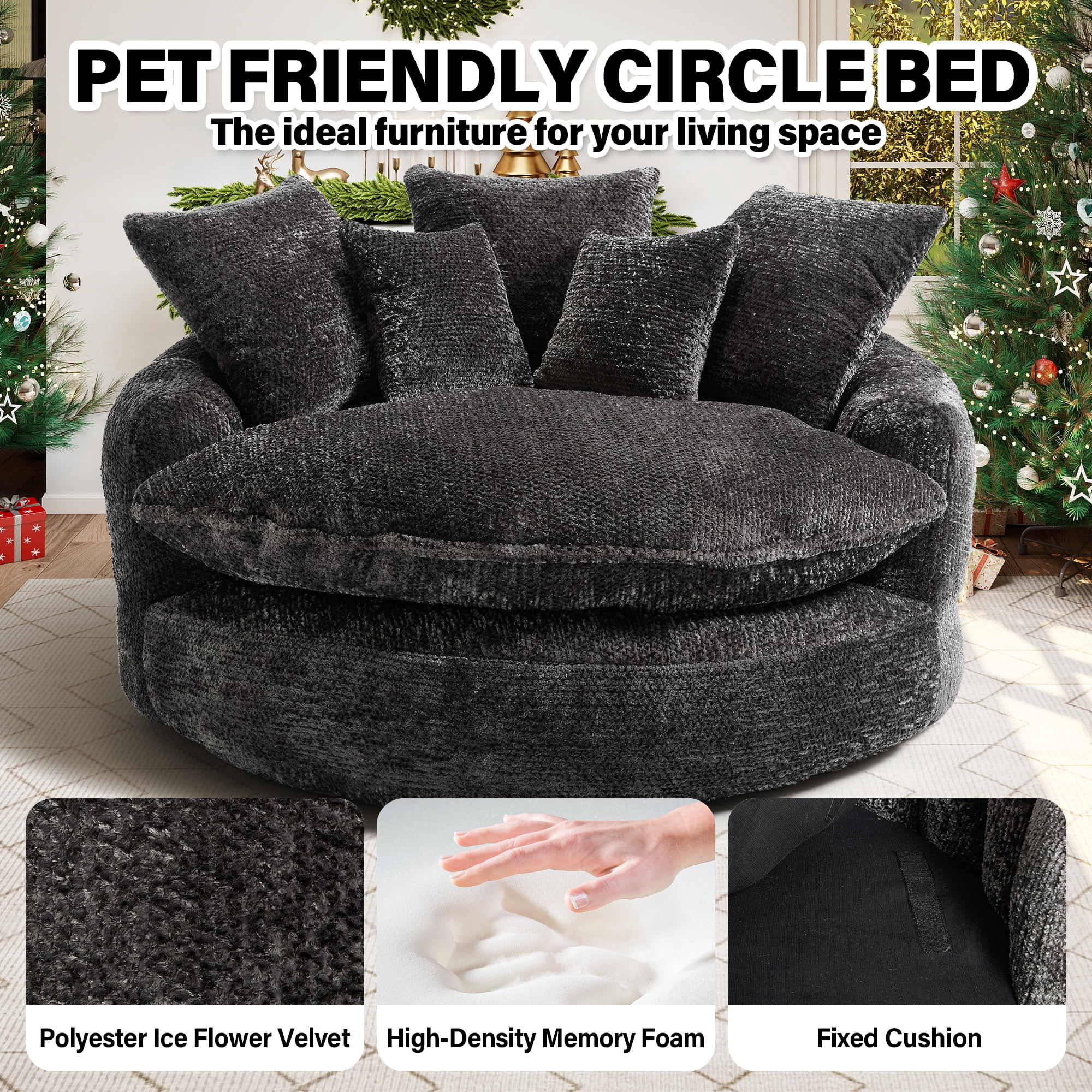 Aukfa 55" Oversized Round Chaise Lounge Chair, Fluffy Deep Seat Cloud Floor Sofa, Modern No Assembly Couch, Dark Gray