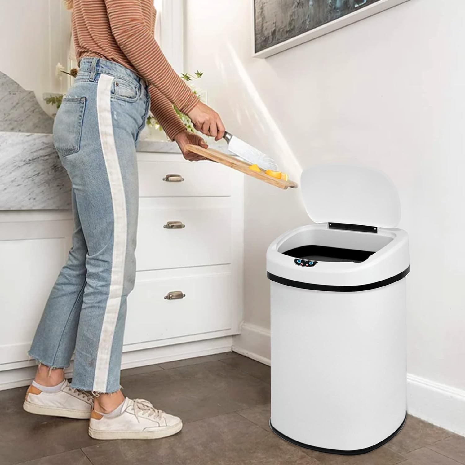 Dkelincs 13 Gallon Touch-Free Automatic Trash Can Stainless Steel Kitchen Garbage Can Waste Bin with Lid, White