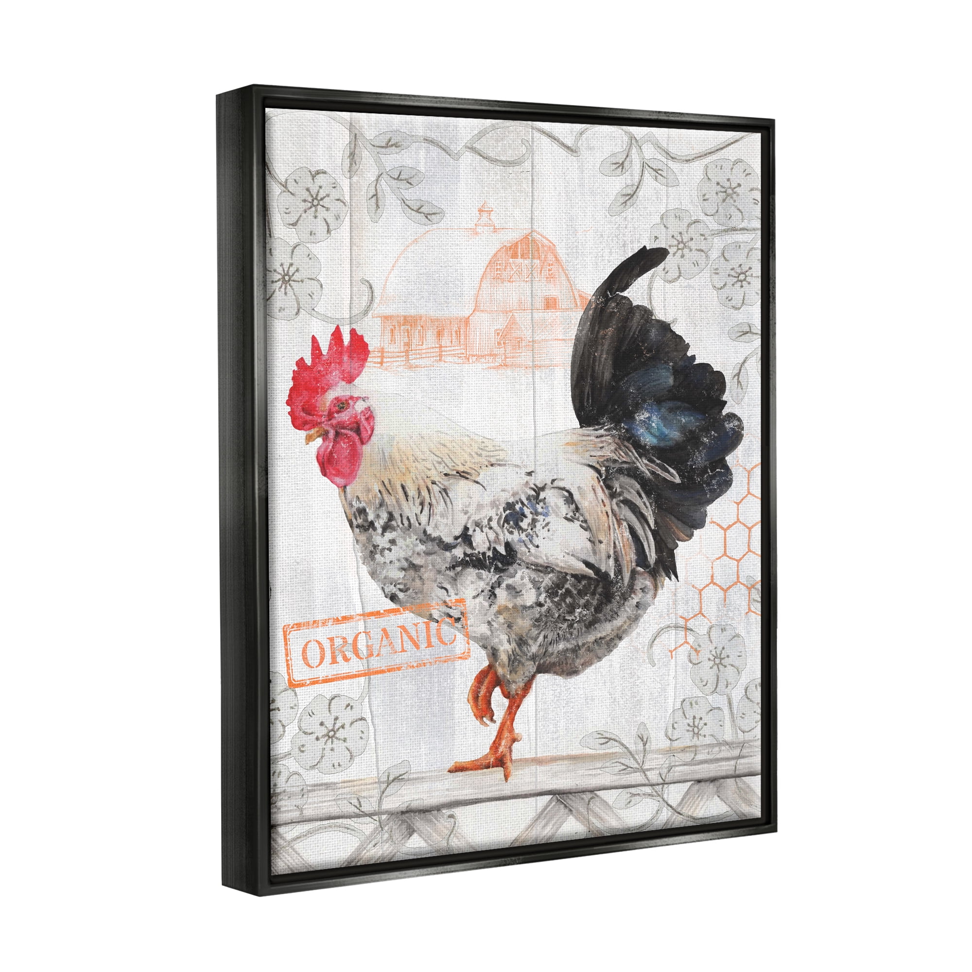 Stupell Industries Organic Pattern Rooster Animals & Insects Painting Black Floater Framed Canvas Art Print Wall Art, 17 x 21