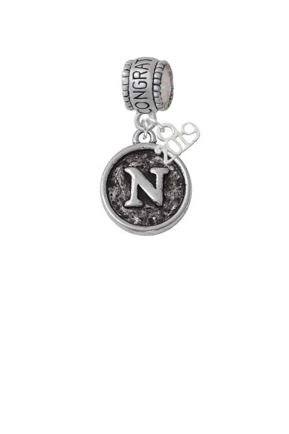 Silvertone Antiqued Round Seal - Initial - N - 2019 Congraduations Charm Bead