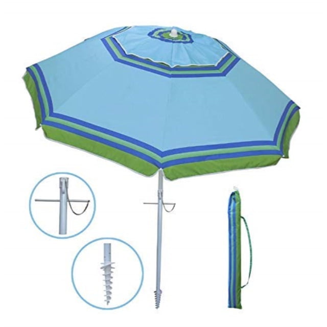 Yatio 7ft Beach Umbrella With Sand Anchor Sand Screw Tilt Windproof Sun Protection Spf Upf100 Blue Green Stripe Walmart Com Walmart Com