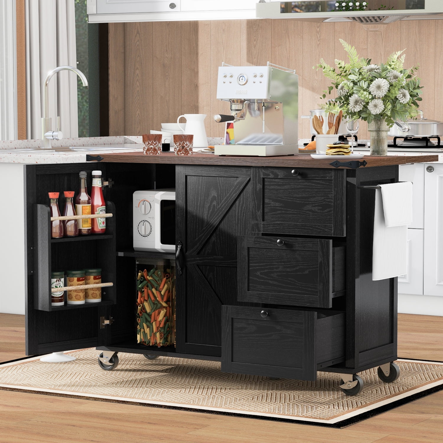 Harper & Bright Designs Farmhouse Kitchen Island with Power Outlet, Kitchen Storage Island with Drop Leaf, Rolling Kitchen Cart on Wheels with Internal Storage Rack, Spice Rack, Black