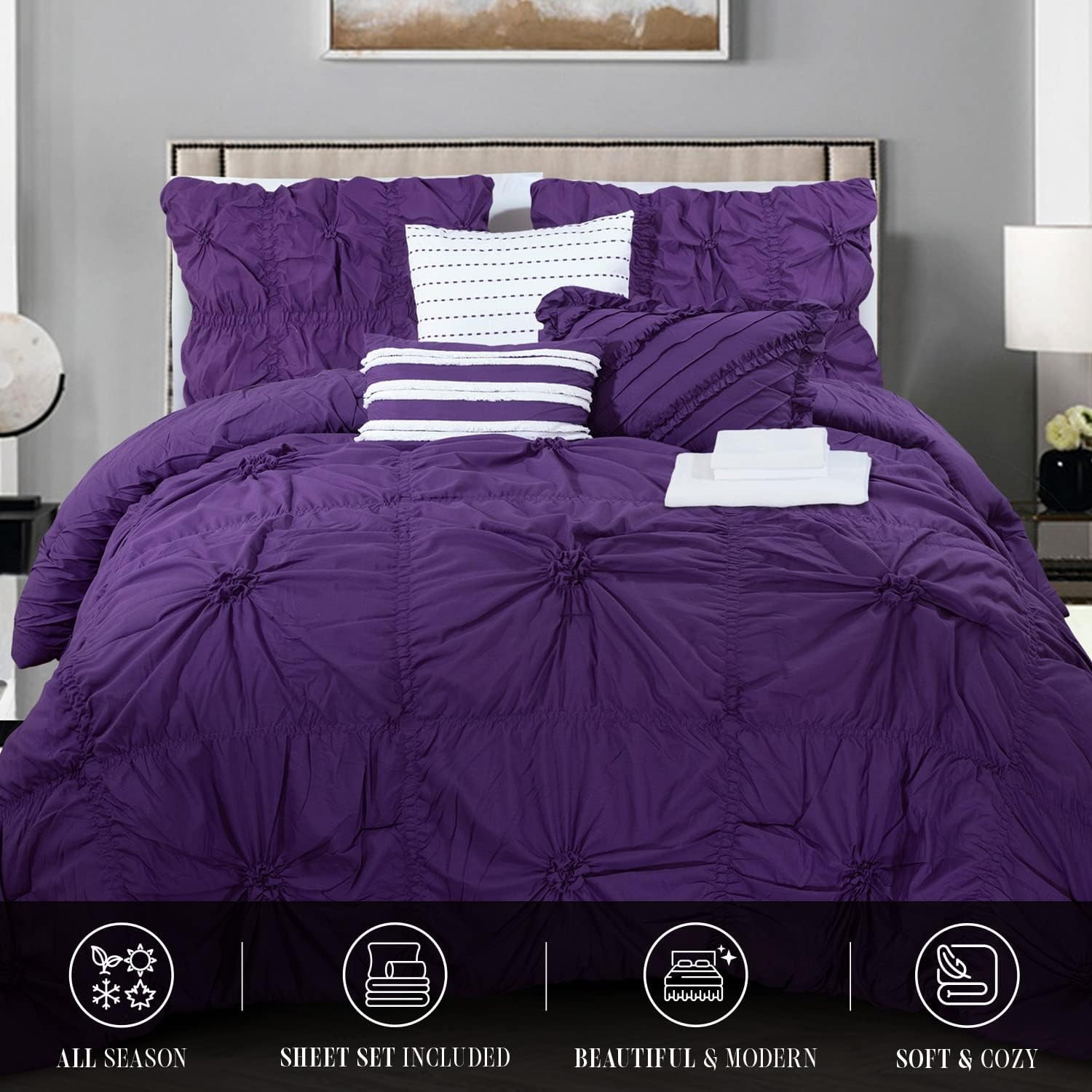 12-Piece Oversized Comforter, Amy Bedding Collection including 6-Piece Sheet Set Featuring Smart Pockets and Matching Decorative Pillows, King/California King, Purple