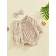 thumbnail image 5 of Hirigin Newborn Infant Baby Girl Cotton Linen Plaid Romper 0 3 6 12 18 Months Off Shoulder Long Sleeve Smocked Bodysuit with Headband, 5 of 8
