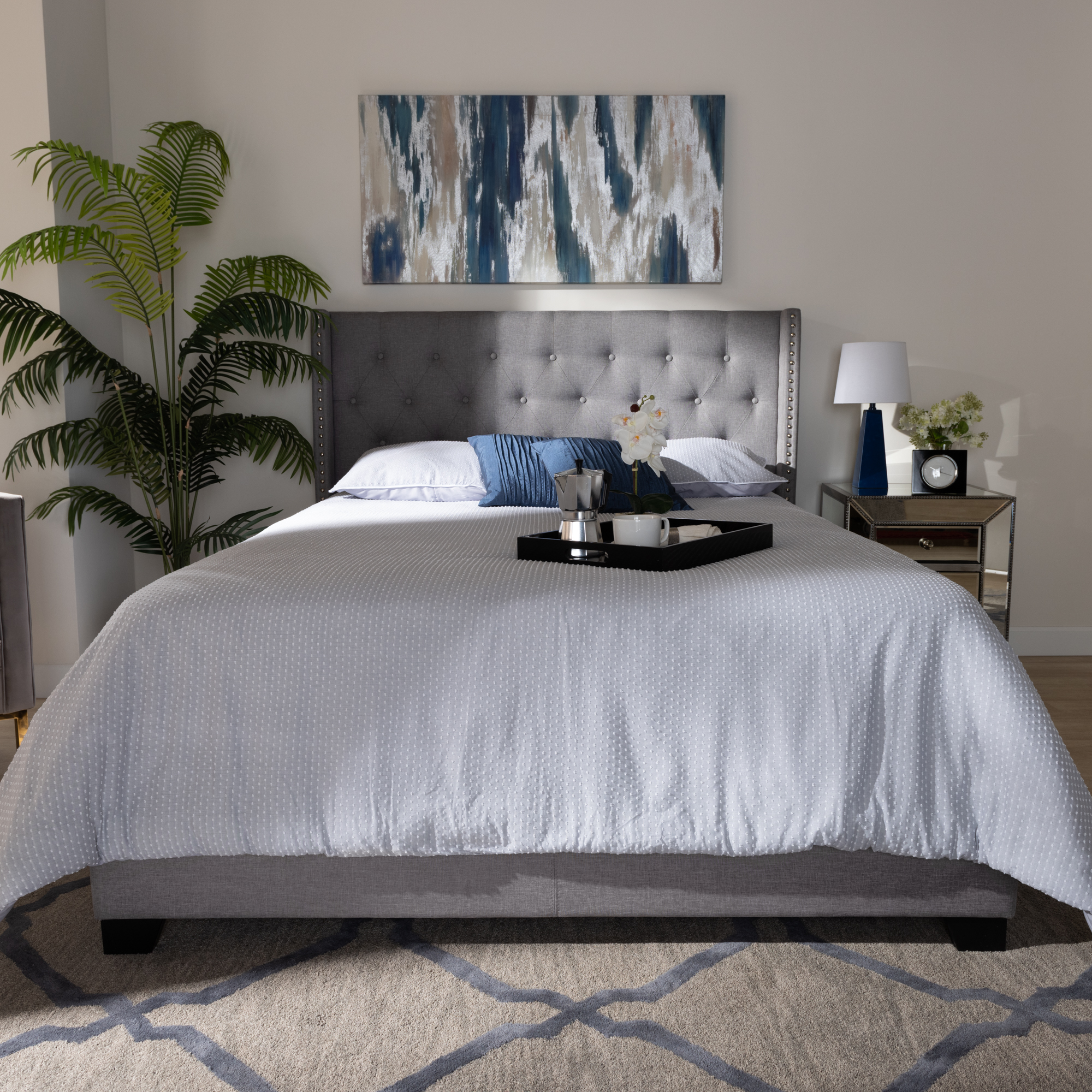 Bane Modern and Contemporary Light Grey Fabric Upholstered Queen Size Bed by Ember Interiors