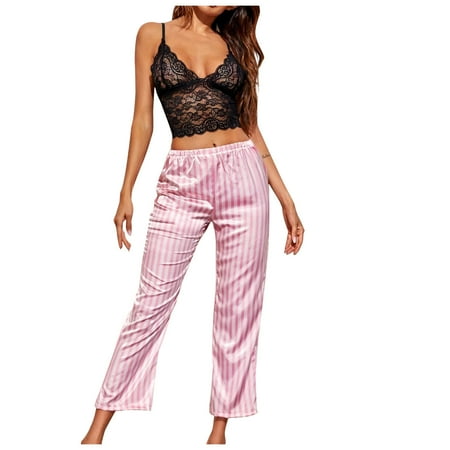 

Womens Sexy Pajamas Set Sheer Mesh Floral Lace Cami Satin Stripe Pants Sleepwear Loungewear Nightwear Pj Sets Sleepwear