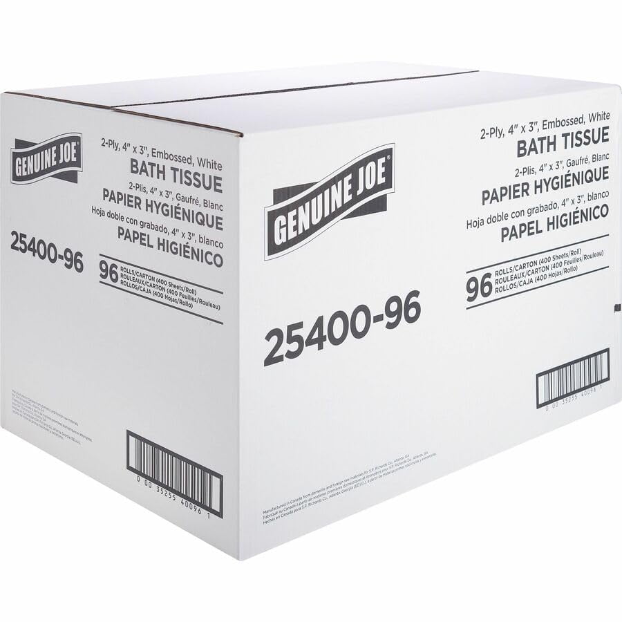 Genuine Joe Standard Bath Tissue, 3" x 4", 2-Ply, 400 Sheets/Roll, 96 Count