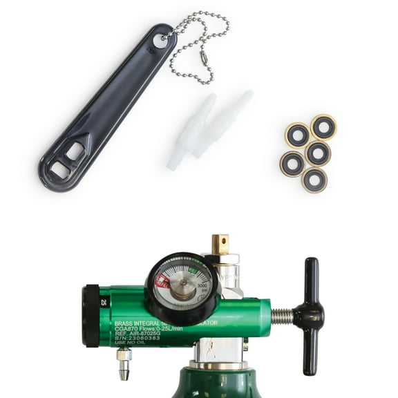 Oxygen Regulator 0-25LPM, CGA-870 Gauge Flow Rate – Includes Wrench Key, 5 Brass Yoke Washer Seals, and 2 Oxygen Tubing Swivel Connectors - Ergonomic Handle Design - Green