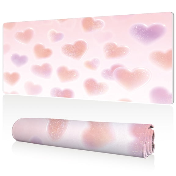 LIVEKEY Mouse Pad 80x40x0.3cm Pastel Pink Purple Heart Pattern Full Desk Coverage Non Slip Durable Easy Clean Stitched Edges for Gaming and Office