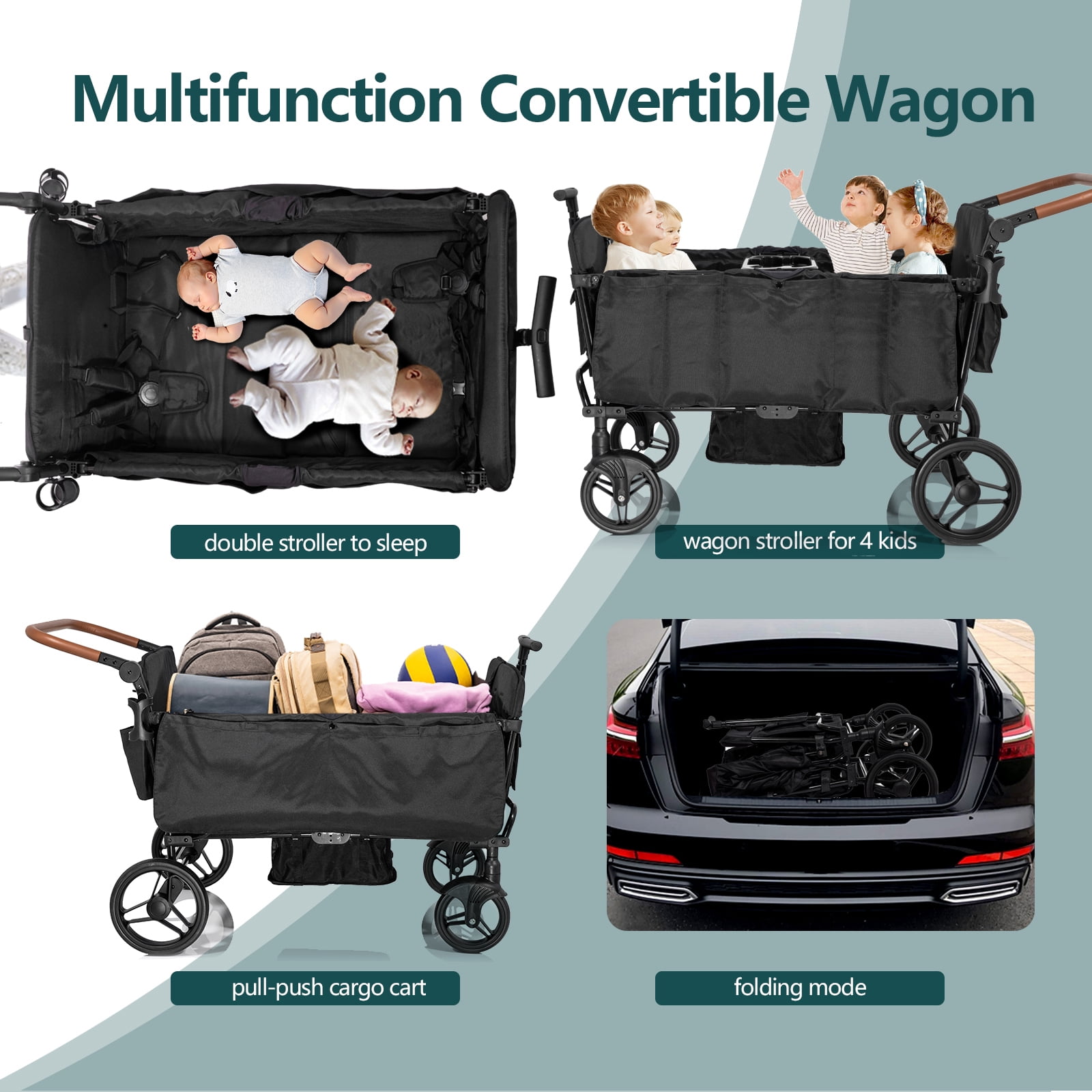 Wagon Stroller for 4 Kids-Toddler with 5-Point Harness,Adjustable Handle Bar and Canopy,Footwells,Tray Table,Cup Holder